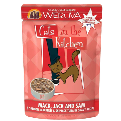 Weruva Cats In The Kitchen, Mack, Jack & Sam With Mackerel, Skipjack & Salmon In Gravy Cat Food, 3-oz Pouch