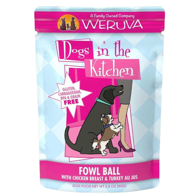 Weruva Dogs In The Kitchen, Fowl Ball With Chicken Breast & Turkey Au Jus Dog Food, 2.8-oz Pouch